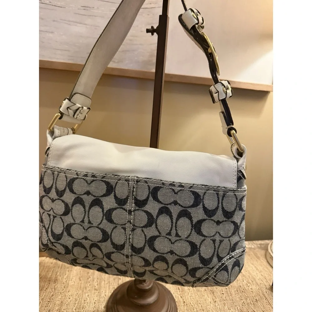 Vintage Coach Bleecker Denim Signature White Leather Trim Flap Bag Satchel 11772
